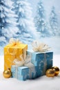 Yellow and blue gifts,tree, balls on a festive Christmas background. Brilliant gifts in the colors of the flag of Ukraine.Copy Royalty Free Stock Photo