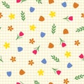 Yellow, blue, green and ochre ditzy daisy pattern with yellow gingham background repeat seamless pattern