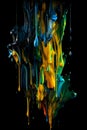 Yellow, blue, green paints smoothly flowing down on black background. Vertical format. Royalty Free Stock Photo