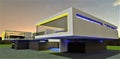 Yellow blue illumination of the suburban dwelling exterior at starry night. Large cantilevered floors in minimalist style. 3d