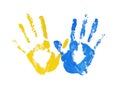 Handprints in the form of a flag of Ukraine, image of unity, freedom, independence. yellow and blue ink imprint Royalty Free Stock Photo