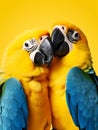 Yellow blue Lovebird parrots on yellow background. Two colorful lovebird parrots in love. Colorful pets. Hugging animals. Love