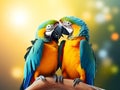 Yellow blue lovebird parrots on bokeh background. Two colorful lovebird parrots in love sitting on branch, kissing and looking