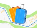 Yellow and blue luggage on a map