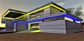 Yellow and blue night LED illumination of the middle class country house. Bright glowing decor attracts the