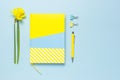 Yellow-blue notebook, pen, clips, spring flowers daffodils narcissus on blue background. Female desktop, Office desk, spring Royalty Free Stock Photo