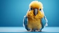 Yellow-blue parrot on a blue background with copy space. Generative AI. Royalty Free Stock Photo