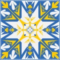 Yellow blue pattern for tiles talavera spanish style, vector illustration angular symmetric mandala