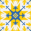 Yellow blue pattern for tiles talavera spanish style, vector illustration for design, geometric angular symmetric mandala