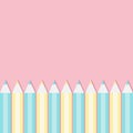Yellow and blue pencil set frame. Back to school card. Flat design. Pink pastel color background. Isolated template. Royalty Free Stock Photo