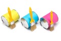 Yellow, blue and pink cans of paint and paintbrush isolated on white background Royalty Free Stock Photo