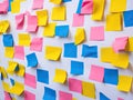 Yellow blue and pink postits on a white board. ai generative Royalty Free Stock Photo