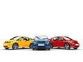 Yellow, blue and red economic cars Royalty Free Stock Photo