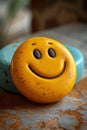 A yellow and blue smiley face cookie sitting on top of a table, AI Royalty Free Stock Photo