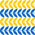 Geometric symmetrical seamless pattern with blue and yellow spikelets of wheat, twigs with leaves on a white background.