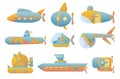 Yellow and blue submarine set undersea cartoon style bathyscaphe underwater ship, diving exploring at the bottom of sea