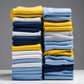 Yellow and blue T-shirts lie in a stack. The concept of diversity in the world and freedom of choice