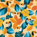 Yellow and blue tropical toucan hibiscus seamless