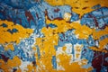 Yellow, blue, white, brown abstract vintage background. Old peeling paint on the wood surface, weathered texture Royalty Free Stock Photo