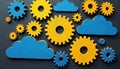 Yellow, blue wooden gears arranged with clouds on dark surface. Abstract concept represents cloud computing, system integration Royalty Free Stock Photo