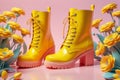 Yellow boots with flowers on a pink background, The concept of spring and nature walks. Generative AI