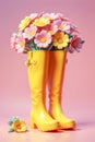 Yellow boots with flowers on a pink background, The concept of spring and nature walks. Generative AI