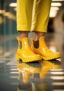 yellow boots made of lacquered eco-leather imitating the skin of a crocodile