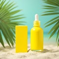 Yellow bottle and box on sand with palm leaves against a turquoise background in a summer setting Royalty Free Stock Photo