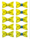 Yellow bow tie with blue dots set realistic vector illustration