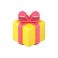 Yellow box gift 3d icon. Holiday surprise with red ribbon and bow Royalty Free Stock Photo