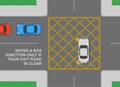 Yellow box junction rule. Enter a box junction only if exit road is clear. Top view.