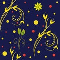 Yellow branches, flowers and peas on blue background, seamless pattern