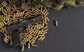 Yellow brass and brown bronze bullets, with black gun near, closeup detail from above, space for text right side