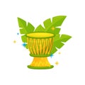 Yellow Brazilian drum and green palm leaves. Percussion musical instrument. Samba festival theme. Flat vector design