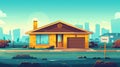 A yellow brick bungalow with garage on the background of a modern cartoon landscape. A suburban house with a sign for Royalty Free Stock Photo