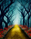 Yellow brick road leading through a spooky foggy forest Royalty Free Stock Photo