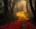 yellow brick road leads through a foggy forest.