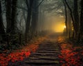 yellow brick road leads through a foggy forest. Royalty Free Stock Photo