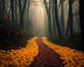 yellow brick road leads through a foggy forest. Royalty Free Stock Photo