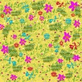 Yellow background filled with pink, blue and red flowers along with green ferns. Royalty Free Stock Photo