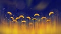 Yellow bright dandelions on a blue background. Spring summer creative background. Artistic image in backlight.