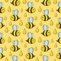 Yellow Bright Print for Children, Cute Little Bee collects honey, Seamless square Pattern