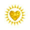 Yellow bright sun icon in heart shape from crumpled paper on white. Stock vector illustration Royalty Free Stock Photo