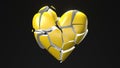 Yellow broken heart objects in black background. Heart shape object shattered into pieces.
