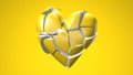 Yellow broken heart objects in yellow background. Heart shape object shattered into pieces.