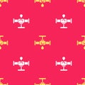 Yellow Broken metal pipe with leaking water icon isolated seamless pattern on red background. Vector Illustration