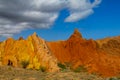 Yellow and brown mountain valley canyon Skazka in Kirgyzstan Royalty Free Stock Photo