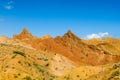 Yellow and brown mountain valley canyon Skazka in Kirgyzstan Royalty Free Stock Photo