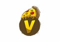 Yellow brown pizza slice with V initial letter