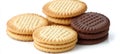 Yellow and Brown Round Biscuits, Isolated on a White Background Close View. Cookies Assortment Royalty Free Stock Photo